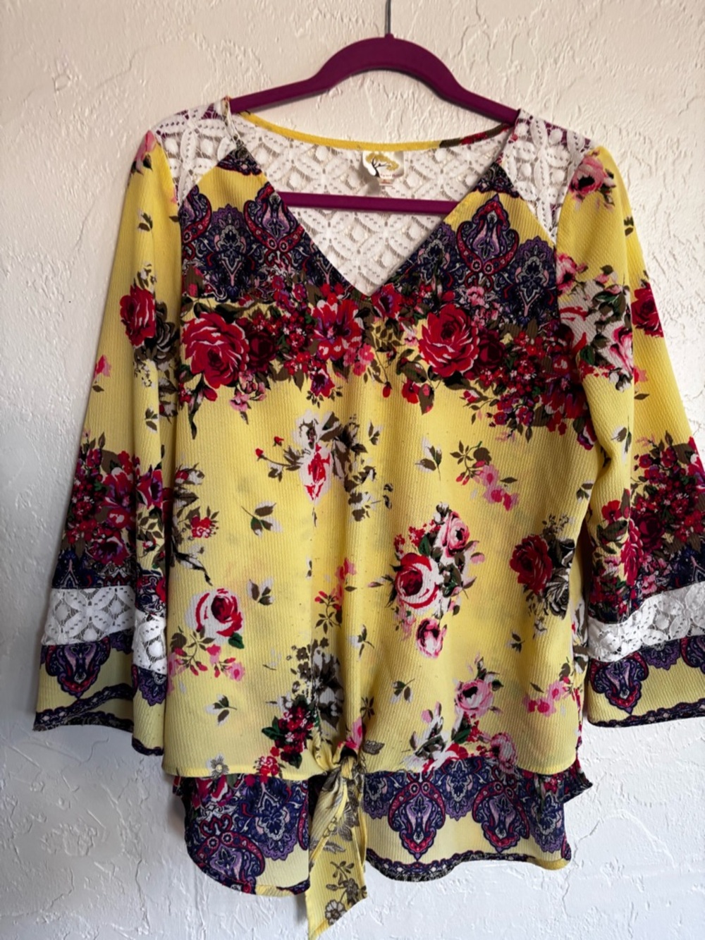Fig & Flower Anthropologie Boho Floral Lace Tie Front Blouse L